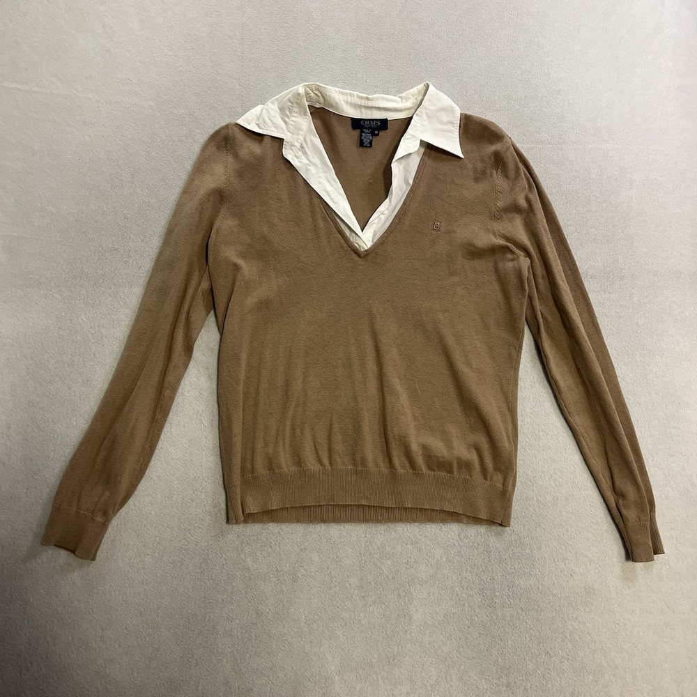 Chaps Sweater Women's Size Medium Brown White Collared V-Neck Silk Blend